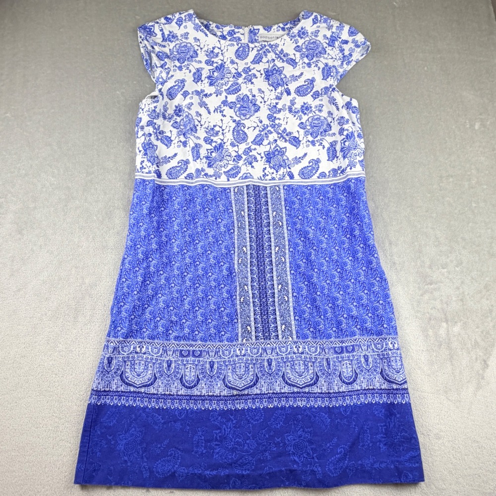 Madison Leigh Blue White Floral Paisley Print Sheath Dress Women's Size 14